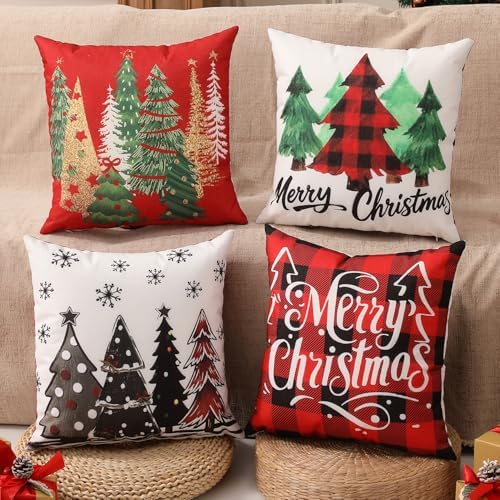 Double-Sided Print Christmas Pillow Covers 18"x18" Set of 4, 8 Cute Christmas Patterns, Tree, Truck, Joy, Merry Christmas, Let It Snow, Snowman Etc, Perfect for Home Decor