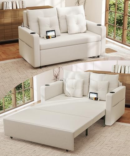3 in 1 Pull Out Couch, 56 Inch Convertible Sleeper Sofa Bed, Loveseat with Cup Holders, Storage Pockets, USB, Sofa Couches for Living Room, Bedroom, Apartment, Beige