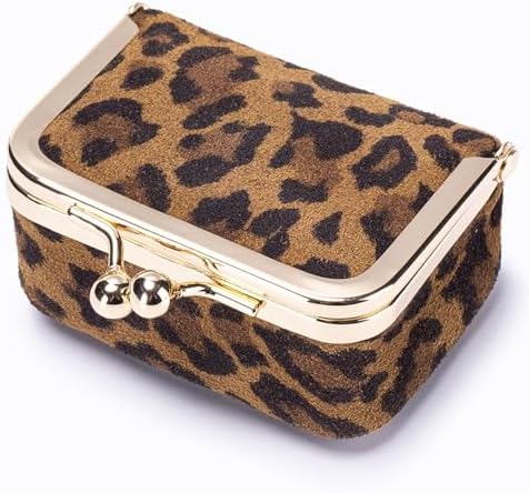 Genuine Leather mini Jewelry box, Portable Travel Jewelry case - Vintage mini Organizer with Kiss Lock for Rings, Earrings, Necklace, Bracelet | Gift for Women (Brown Leopard Print L)