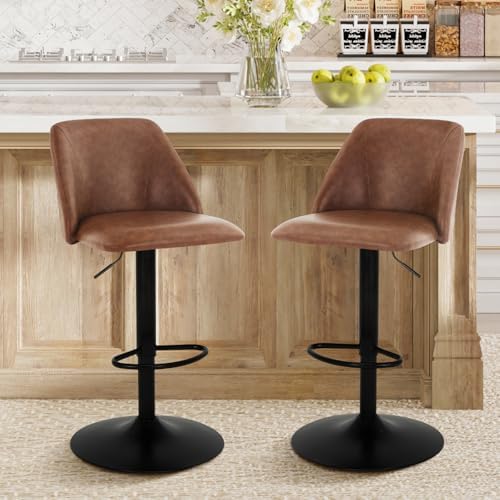 COLAMY Bar Stools Set of 2, Modern Swivel Bar Chairs, Adjustable PU Leather Upholstered Barstools Counter Height with Full Backrest for Bar, Dining Room, Kitchen Island, Brown