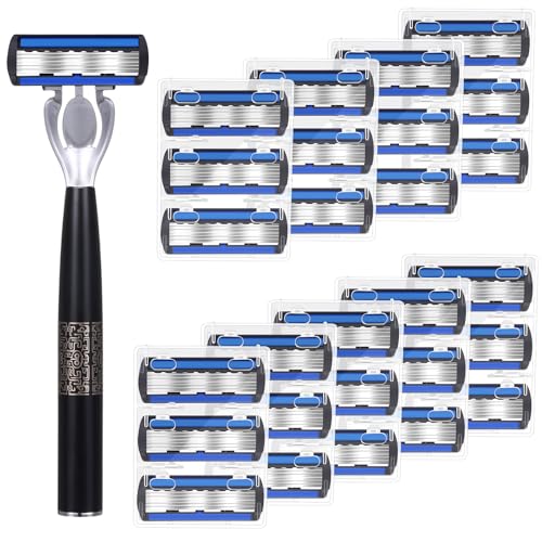 28 Pcs Disposable Men's Razors Set Refillable 6-Blade Sensitive Skin Razor Kit for a Comfortable Shave, 1 Handle and 27 Cartridges
