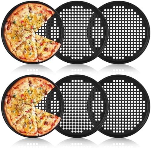6 Pack 12 Inch Pizza Pan for Oven Round Pizza Pan with Holes Large Pizza Tray Set Carbon Steel Non Stick Pizza Plates Perforated Pizza Baking Sheet Personal Metal Platter for Grilling, Cooking