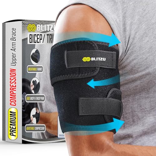 Bicep Tendonitis Brace, Upper Arm Wrap, Tricep Compression Sleeve Support Bands for Men and Women with 2 Adjustable Straps, Pain Relief for Muscle Strains Recovery & Inflammation. Black S-M