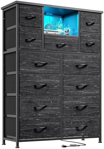13 Drawers Dresser with LED & 4 Charging Ports & Open Shelves, Bedroom Dressers with Metal Frame and Wood Top, Sturdy Black Dresser, Chest of Drawers Fabric Bins for Entryway, Hallway