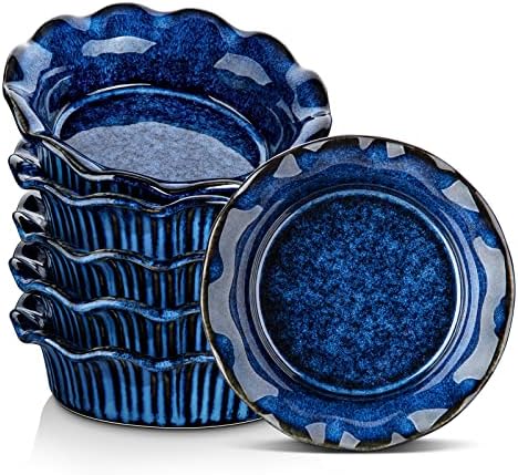 vancasso Mini Pie Pans Set of 6, 5.2 Inch Ceramic Deep Dish Pie Plates with Ruffled Edge for Baking, Microwave & Oven Safe, Blue
