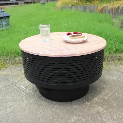 26" Wood Burning Fire Pits with Grill & Lid, Fire Pit Table for Outside with Waterproof Cover & Fire Poker, Outdoor Firepit with Functions for BBQ,Table and Bonfire