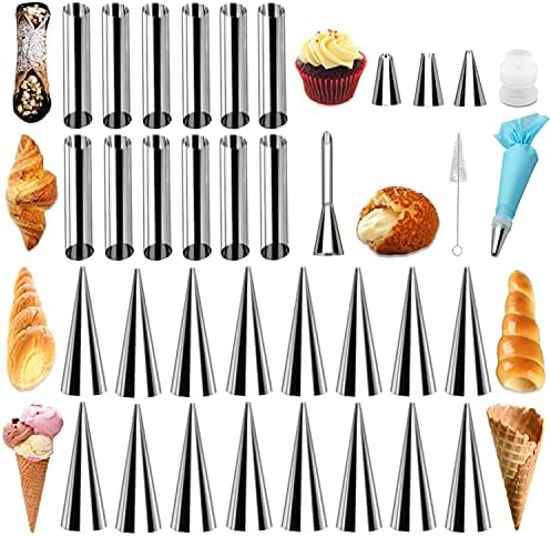 35pcs Cannoli Forms Tubes Kits, Cream Horn Mold, Non-stick Stainless Steel 16pcs Cone Shaped and 12pcs Tubular Shaped Baking Molds for Danish Pastry Lady Lock Form, Cream Roll, Croissant