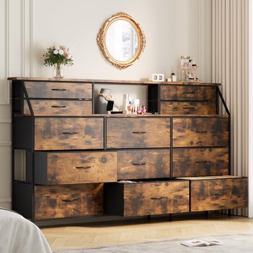 PUKAMI 72" Long Dresser for Bedroom, 13 Fabric Drawers Dresser for Closet, Wide Chest of Drawers with 2 Open Shelves, Large TV Stand for 70,80 Inch TV, Wood Top, Rustic Brown