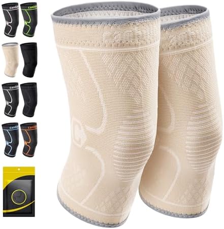 CAMBIVO 2 Pack Knee Brace, Knee Compression Sleeve Support for Men and Women, Knee Pads for Running, Hiking, Meniscus Tear, Arthritis,Joint Pain Relief (Beige,Small)