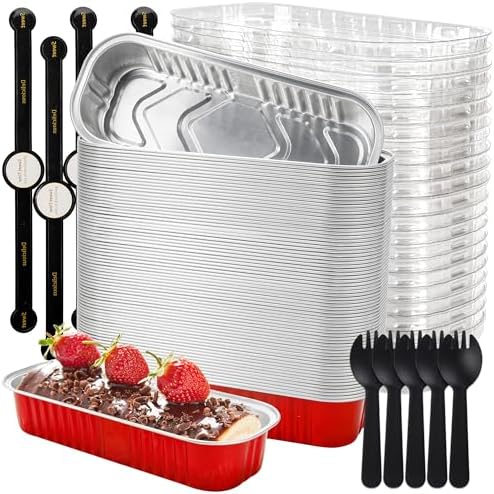 Mini Loaf Pans with Lids Rectangle Aluminum Foil Baking Pans Tins Containers for Wedding Birthday Party 6.8oz(Red, 60Pack)