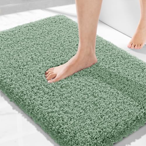 Yimobra Luxury Fluffy Bathroom Rugs, Super Elastic Soft Thick Plush Bath Mat, Non-Slip Water Absorbent, Easier to Dry, Sturdy Shaggy Microfiber Carpet for Bathtub, 32"x 20", Pure Light Green