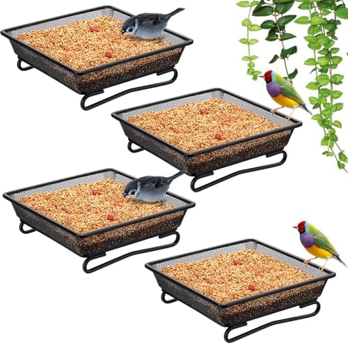 Nuogo 4 Pcs Platform Bird Feeder 7 Inches Ground Bird Feeder Tray for Outside Metal Squirrel Feeders Rust Resistant Mesh Seed Tray Garden Yard Decoration for Outdoor Wild Dove(Square)