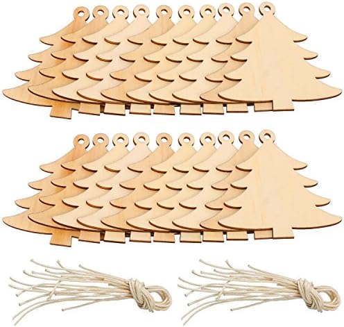 Pangda 20 Packs Wooden Christmas Tree Cutouts Embellishments Hanging Ornaments with 20 Packs Strings for Wedding, Craft, Christmas Decoration