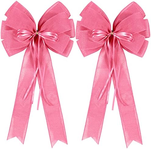 2 Pcs Large Pink Christmas Wreath Bows Decor,Xmas Tree Topper Bow Decorations with Pink Burlap and Glitter String for Christmas Holiday Home Front Door Outdoor