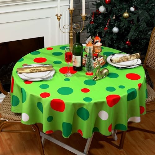 Christmas Round Tablecloth 60 Inch Red and Green Polka Dot Table Cloth Cover Xmas Winter Holiday Decorative Waterproof Tablecloth for Party Dining Table Decor