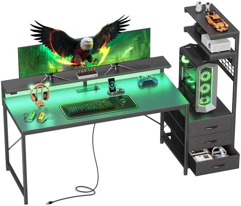 PRAISUN 61.7" Gaming Desk with LED Lights & Outlets, Computer Desk with 3 Fabric Drawers, PC Desk with PC Case Stand & Movable Storage Shelves, Monitor Stand, Reversible, Carbon Fiber Black