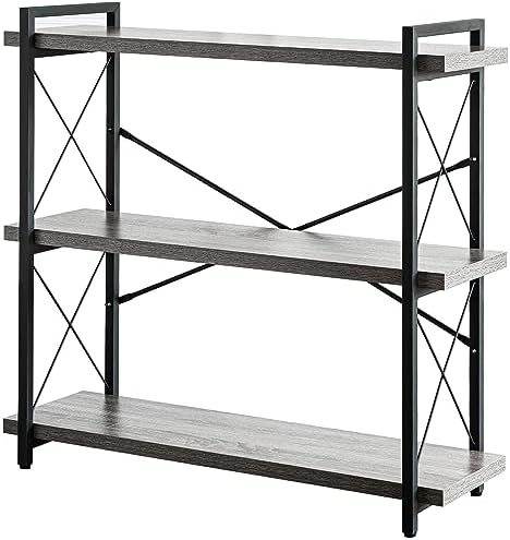 HCHQHS Bookshelf, 3-Tier Industrial Bookcase, Rustic Open Book Shelf, Freestanding Horizontal Bookshelves with Metal Frame