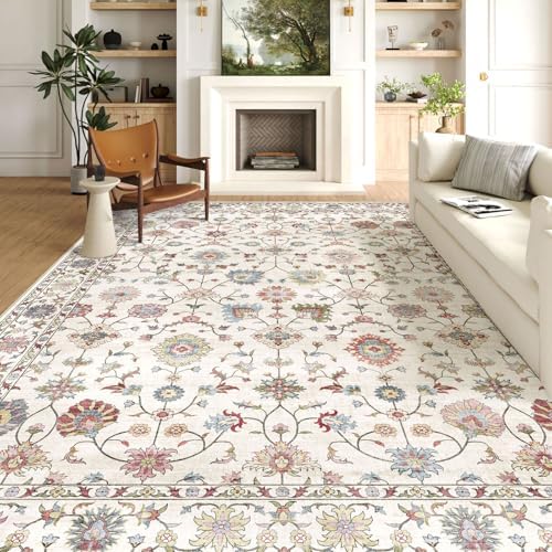 Area Rugs 9x12 Living Room - Large Washable Cream Boho Rugs for Bedroom Soft Vintage Rug Ultra-Thin Colorful Traditional Floral Carpet Stain Resistant Rug for Dining Room Guest Room Home Decor