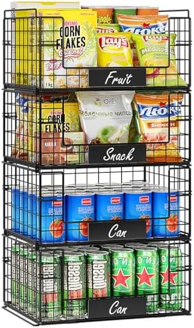 JKsmart 4 Pack XXL Stackable Wire Baskets with Handles for Pantry Storage and Organization,Fruit and Vegetable Basket with Name Plates,Metal Storage Bins for Snack Can Fruit Veggies