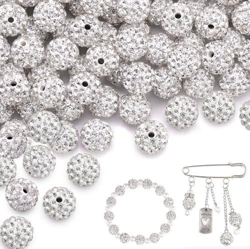 100 pcs 10mm Rhinestone Beads for Jewelry Making Crafting, White Shiny Round Disco Baseball Necklace Beads for DIY Shamballa Sparkle Crystal Clay Christmas Bracelet Earring