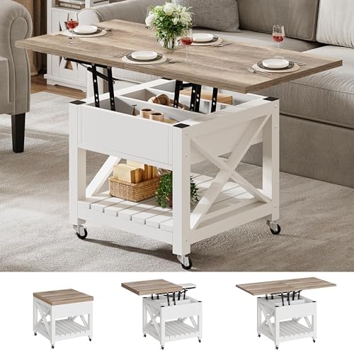 YITAHOME Lift Top Coffee Table with Wheels, Farmhouse Square Coffee Tables for Living Room, 2 Tier Small Coffee Table with Storage Compartment Rustic Wood Cocktail Table Dining Table, Grey Wash