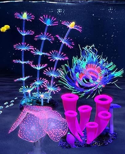 4 Pieces Aquarium Fish Tank Decorations with Glowing Effect, Silicone Glow Artificial Ornament Coral Reef Plants for Aquarium Decoration Small and Large Fish Bowl Decor Accessories