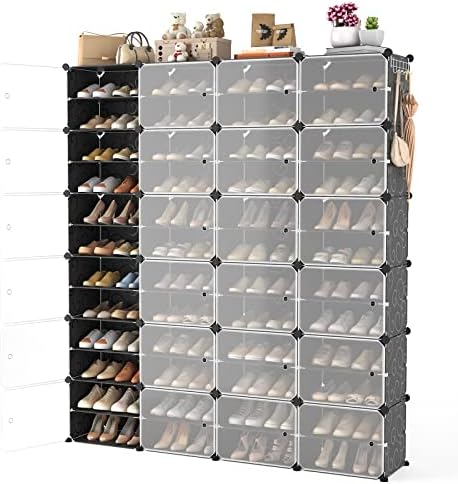 Portable Shoe Rack Organizer with Door, 96 Pairs Shoe Storage Cabinet Easy Assembly, Plastic Adjustable Shoe Storage Organizer Stackable Detachable Free Standing DIY Expandable 12 Tier Black