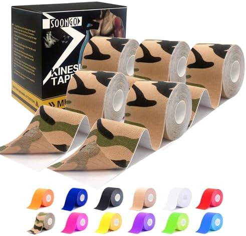 SOON GO Kinesiology Tape Pro 5 Rolls, 2 Inch High Elasticity Sports Tape Therapeutic Pain Relief–Physio Tape for Muscle Recovery & Joint Support, Waterproof & Hypoallergenic & Breathable–Camo