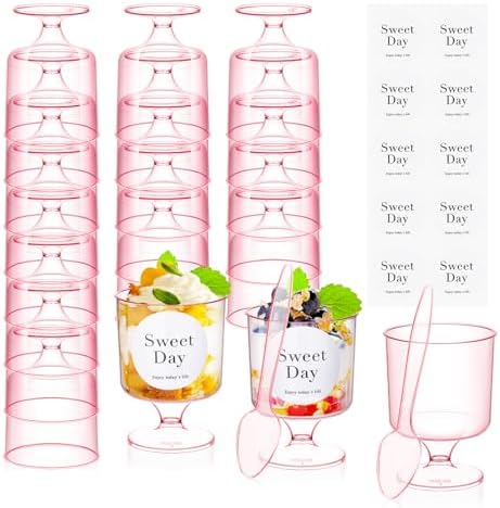 100 Pcs Pink Dessert Cups with Spoons 5 Oz Plastic Parfait Cup Disposable Appetizer Cup Round Serving Goblet Cup Dessert Cup for Party Fruit Ice Cream Mousse Pudding Appetizer Bowl (Pink)