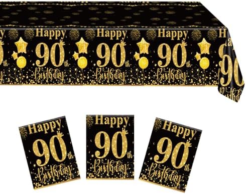 3PCS 90th Birthday Tablecloth Black and Gold Back in 1934 Disposable Plastic Rectangular Table Decorations Happy Birthday Tablecloth for Men Women 90th Birthday