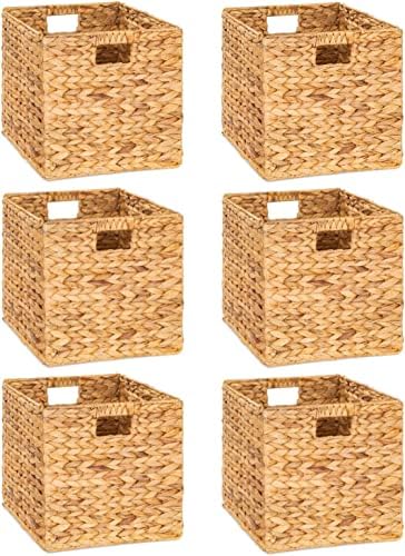 10.5 x 10.5in Wicker Storage Baskets for Shelves, Water Hyacinth Storage Baskets, Woven Baskets for Storage, Wicker Storage Basket for Bedroom, Living Room (6 Packs 10.5x10.5in)