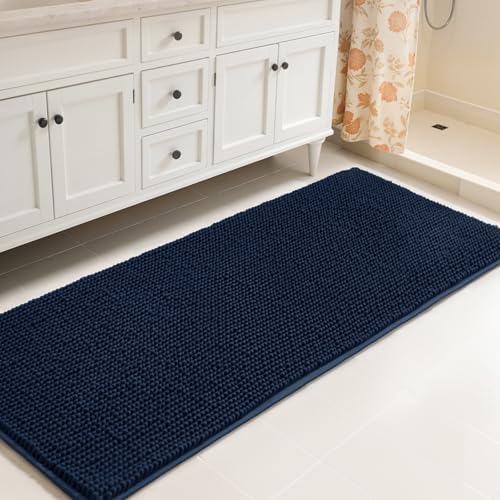 subrtex Bath Mat, Chenille Bath Rug, Soft Short Plush Bath Mat, Water Absorbent Shower Mat, Quick Dry, Machine Washable, Navy, 24' x 60'