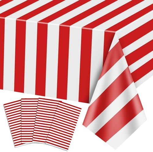 12 Pcs Carnival Tablecloths, Red and White Stripe Tablecloths, Red Plastic Table Cover, Circus Theme Party Decorations for Carnival, Movie Night, Kid's Birthday, Christmas (12, Red, 51'' x 86'')