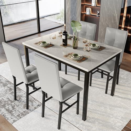 Hooseng Dining Table Set for 4, Modern Faux Marble Kitchen Table with 4 PU Leather Chairs, 5-Piece Small Dining Room Table Set for Dinette, Breakfast Nook, Grey