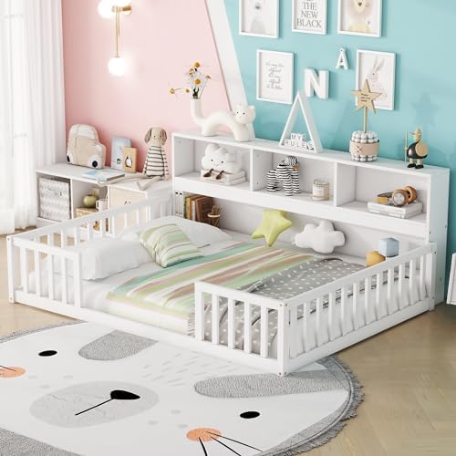 Kids Montessori Floor Bed,Full Size Floor Bed with Bookcase and Shelves,Full Bed Frame with Guardrails for Kids,Girls,Boys(Full,White)