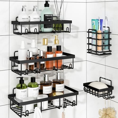 5 Pack Shower Caddy Organizer Rack Shelf for Inside Shower, Adhesive Bathroom Wall Storage Basket Rustproof Stainless Steel Shampoo Holder, Bathroom Accessory Decor Set, Black