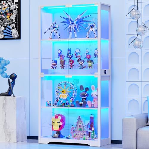 Display Cabinet with Glass Doors, 4-Tier Curio Cabinet with 3 Color Lights for Collectibles, Glass Display Case with Human Body Sensor, Bookcase with 4 Shelves, Storage Cabinets, White