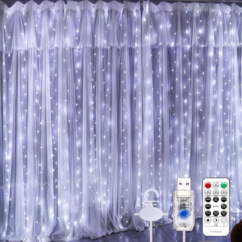 Upgrade 300 LED Curtain Light, 9.8ft x 9.8ft Copper Wire String Lights, USB Powered Hanging Window Fairy Lights, 8 Lighting Modes, Remote Control for Home Christmas Wedding Party, White