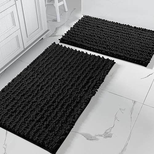 Yimobra Bathroom Rugs Sets 2 Piece - Luxury Chenille Shaggy Bath Mat, Super Absorbent & Non Slip & Quick Dry, Soft Thick Bathroom Carpet for Tub Shower Floor, Machine Washable, 32x20+24x17 Inch, Black