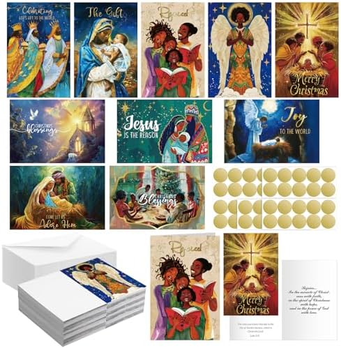 50 Pcs African American Religious Christmas Cards Bulk Assortment with Scripture Warm Blessings Inside Black Santa Claus Angels 10 Styles Christian Greeting Cards Bulk with Envelopes Stickers
