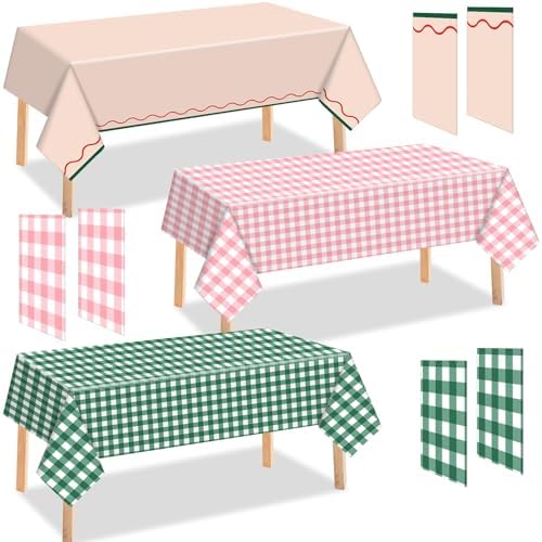 Oudain 6 Pcs Gingham Checkered Tablecloth Camp Bachelorette Party Supplies Disposable Rectangle Table Cover 54 x 108 in Pastel Gingham Plastic Table Cloths for Birthday Outdoor Picnic Baby Shower