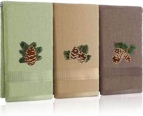 3 Pcs Rustic Pine Cone Hand Towels for Bathroom Christmas Decor, Pinecones Branch Embroidered Decorative Towels for Bathroom Kitchen Holiday Decor, 100% Cotton, 13.3 x 29.5''