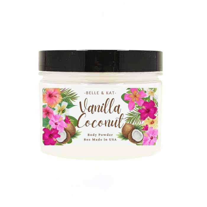 Body Powder for Men & Women Scented Vanilla Coconut, Bath Perfume Dusting Powder with Fragrance & Essential Oils, Talc Free 8oz Container, Made in USA