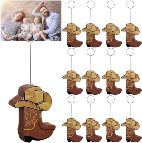 12 Pcs Cowboy Boots Table Number Holders Wooden Photo Balloon Place Card Holder Cute Cowboy Picture Number Sign Stands for Western Party Birthday Wedding Party Event(Brown)