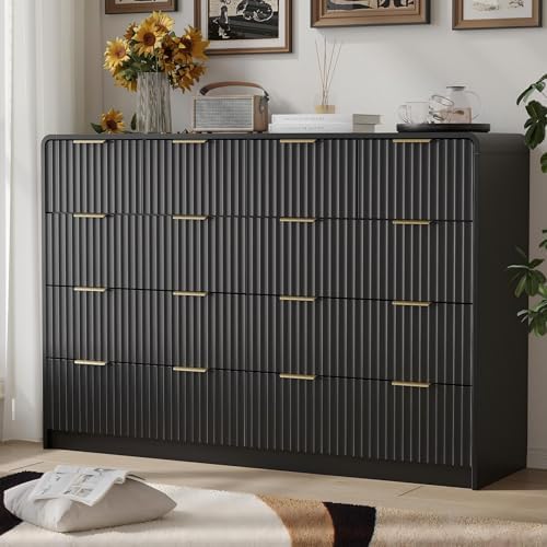 Fluted Dresser for Bedroom, 10 Drawer Double Dressers, 55" Long Black Dresser with Gold Handles, Modern Chest of Drawers for Bedroom, Closet