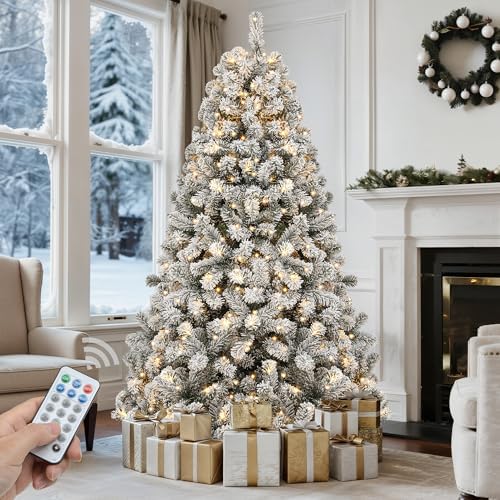 GOOBED Prelit Flocked Christmas Tree 7.5FT w/Remote, Prelit Snow Flocked Artificial Xmas Tree w/ 1450 Branch Tips & 550 Lights, Foldable Base for Homes Restaurants, Malls, Hotels, and Holiday Decor