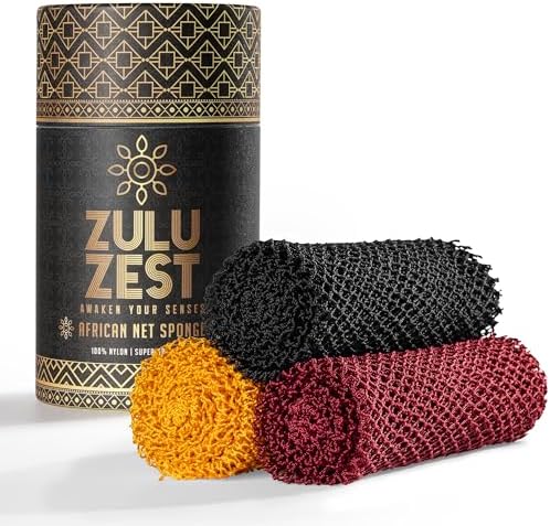 Authentic African Net Sponge – 3-Pack Exfoliating Mesh for Face & Body, Deep Clean, Quick Dry, Long-Lasting Bath Scrubber for All Skin Types, Travel-Friendly & Durable (Black, Yellow, Red)