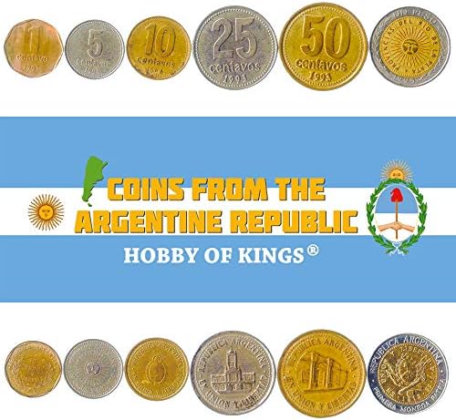 6 Coins from Argentina | Argentine Coin Set Collection 1 5 10 25 50 Centavos 1 Peso | Circulated 1992-2006 | Tucuman | Sun of May