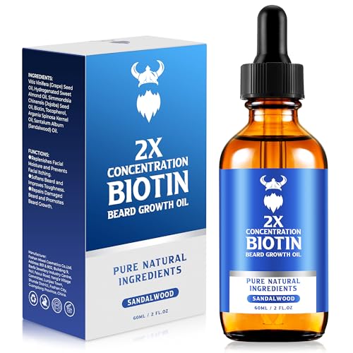 Beard Growth Oil - 2X Concentration Biotin Beard Oil for Men (2 oz) - Natural Mens Beard Oil with Argan Oil, Jojoba Oil and Vitamin, Beard Growth Softener, Moisturizer (Sandalwood)