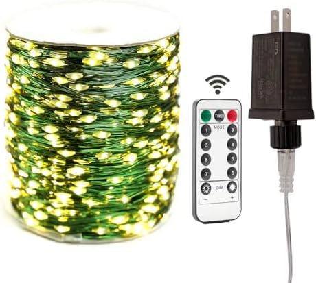 Green Wire Fairy Lights Plug in 200FT High Bright 600 LED Waterproof LED String Lights with Remote Warm White for Christmas Tree, Patio, Garden, Backyard